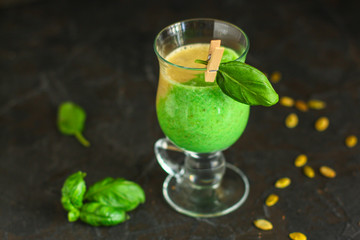 green smoothie - delicious fruit drink, vitamins, menu concept. food background. copy space