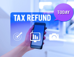 Text sign showing Tax Refund. Business photo text refund on tax when the tax liability is less than the tax paid woman icons smartphone speech bubble office supplies technological device
