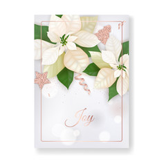 Winter Christmas Flowers Greeting Card. Floral Poinsettia Retro Background, Design Template for Holiday Season Celebration with Rose Gold Glitter Star, New Year brochure in vector