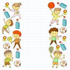 Children and sport. Vector illustration of activities. Football, soccer, running, dancing, martial arts. Health care in school and kindergarten.