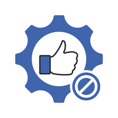 Quality control symbol with thumb up in gear sign. Quality management icon with not allowed sign, block, forbidden, prohibit symbol