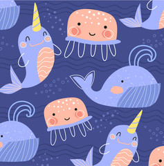 Pretty blue and pink background pattern of sea life with baleen whales and narwhals interspersed with jellyfish in square format, for tiles or print in a vector design for kids