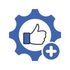 Obraz premium Quality control symbol with thumb up in gear sign. Quality management icon with add sign, new, plus, positive symbol