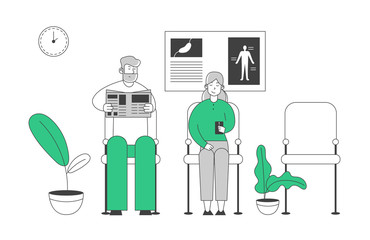 Senior Man and Woman Sitting Clinic, Aged Patients Waiting Doctor Appointment in Hospital Hall with Aid Placards and Potted Plants. Health Care Medicine Cartoon Flat Vector Illustration Line Art Style