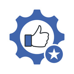 Quality control symbol with thumb up in gear sign. Quality management icon with star sign, best, favorite, rating symbol