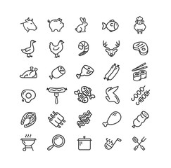 Meat Butchery Black Thin Line Icon Set. Vector