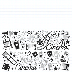 Vector pattern with cinema icons. Movie Theater, TV, popcorn, video clips, musical