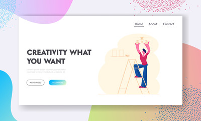 Young Man Changing Burnt Light Bulbs Website Landing Page. Housekeeper Stand on Ladder in Living Room Hanging Lamp on Ceiling Decorating Home Design Web Page Banner. Cartoon Flat Vector Illustration