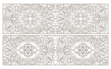 Set contour illustrations of stained glass with abstract swirls and flowers , horizontal orientation