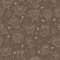 Seamless pattern with contour images of cartoon owls , beige outline on a brown background