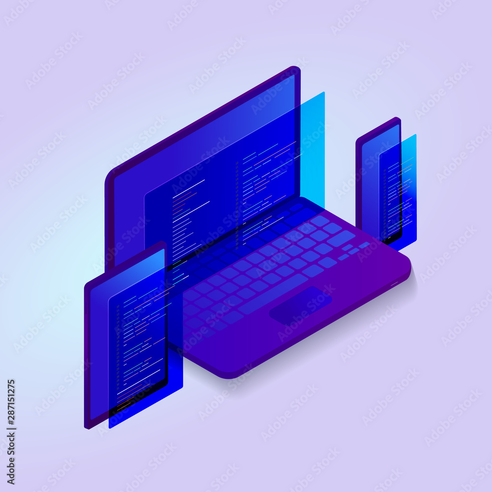 Poster 3d isometric programmer code vector icon with laptop, phone and tablet icon with code on the screens