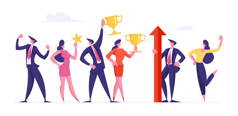 Successful Business Team Male and Female Characters in Formal Wear Stand in Raw Posing with Winners Trophies Celebrating Victory Successful Project. Teamwork Concept. Cartoon Flat Vector Illustration