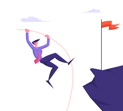 Overcoming Obstacles and Business Competition Concept with Businessman Pole Vaulting on Top of High Rock with Red Flag to Achieve Goal. Career Boost and Task Solution. Cartoon Flat Vector Illustration