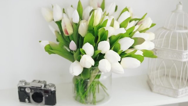 Close-up parallax shot of a shelf with white tulips, a vintage camera and small white cage on display