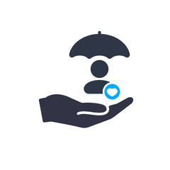 Account security sign. User with umbrella, protection concept icon with heart sign, favorite, like, love, care symbol
