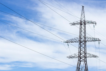 Power Tower. High voltage lines and power pylons. High voltage power lines installing on high electric post connected