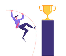 Businessman Pole Vaulting Over Challenge Trying to Reach Golden Trophy Goblet Standing on Top of High Pedestal. Concept of Crisis Management, Goal Achievements. Cartoon Flat Vector Illustration