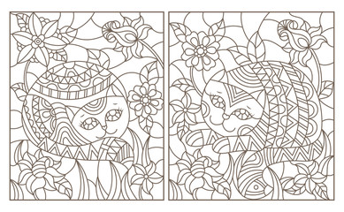 Fototapeta premium A set of contour illustrations of stained glass cats on a background of flowers, dark outline on a white background