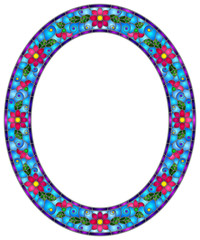 Illustration in stained glass style flower frame, bright flowers and  leaves in blue frame on a white background, oval image