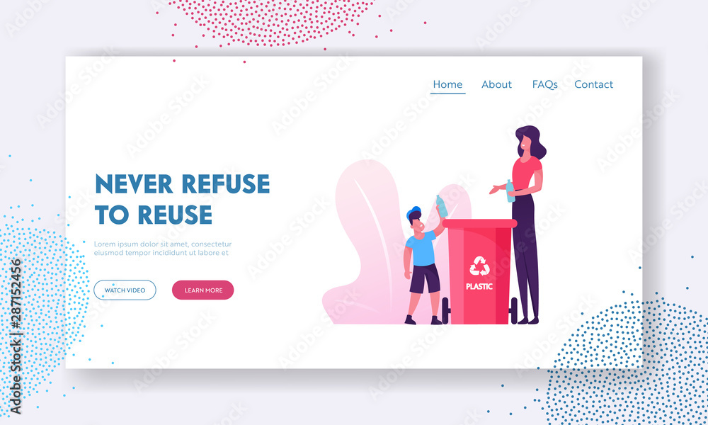 Poster trash recycling, environmental pollution problem website landing page. mother teach son throw garbag