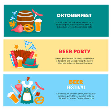 Oktoberfest - Bavarian festival. Flyers with glasses and barrel of beer, pretzel, dirndl and accordion. Traditional German food and clothing. Horizontal banners for social media, for advertising, sale
