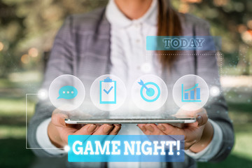 Word writing text Game Night. Business photo showcasing usually its called on adult play dates like...