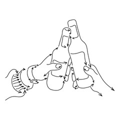 hand holding beer bottle cheers made from arrows vector illustration sketch doodle hand drawn with black lines isolated on white background