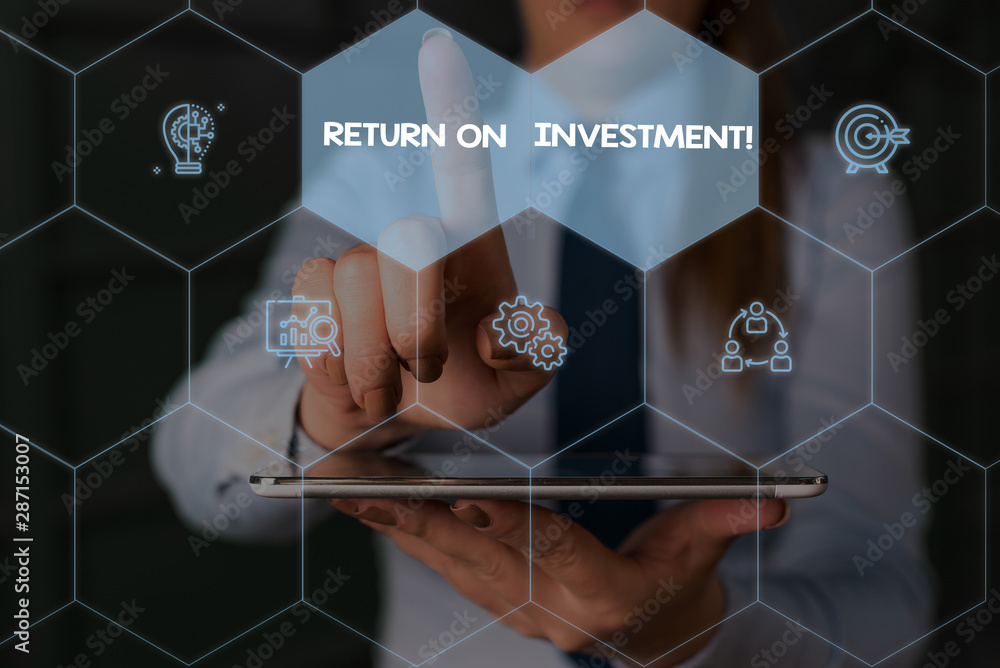 Aufkleber writing note showing return on investment. business concept for perforanalysisce measure used evalua