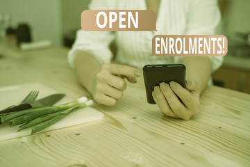 Conceptual hand writing showing Open Enrolments. Concept meaning when employees may make changes to...