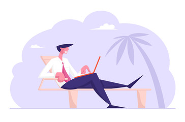 Handsome Businessman in Formal Wear Sitting on Daybed under Palm Trees on Exotic Tropical Beach Working on Laptop. Freelancer or Distant Employee, Summer Vacation. Cartoon Flat Vector Illustration