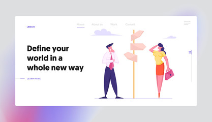 Businesspeople Making Important Decision and Choice Website Landing Page. People Decide what Way to Choose Standing at Crossroad Directions Pointer Web Page Banner. Cartoon Flat Vector Illustration