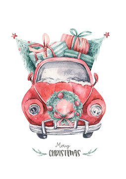 Watercolor christmas holiday card transportation illustration. Merry Xmas winter tree design. Hand painted New year retro vintage cars