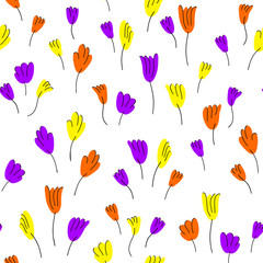 Cute seamless pattern with colored tulips in doodle style. Botanical backdrop. Simple vector illustration can be used for website background, wallpaper, banner, paper packaging, wrapping, fabric