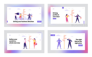 Crossroad and Choice Way Concept Website Landing Page Set. Confused Business People Stand at Road Directions Pointer Make Decision what Path to Choose Web Page Banner. Cartoon Flat Vector Illustration - obrazy, fototapety, plakaty