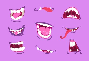 Monster mouths. Cartoon scary and crazy faces with angry expressions, comic cute caricature mouth with teeth and tongues. Vector flat cheerful design monsters emotions