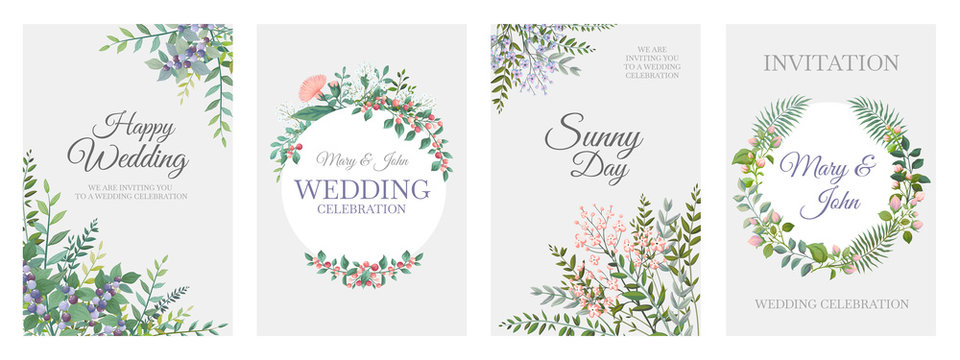 Wedding greenery posters. Green floral frame cards, trendy plants wreath and borders, vintage rustic elements. Vector illustration minimalistic bohemian cards for invitation template