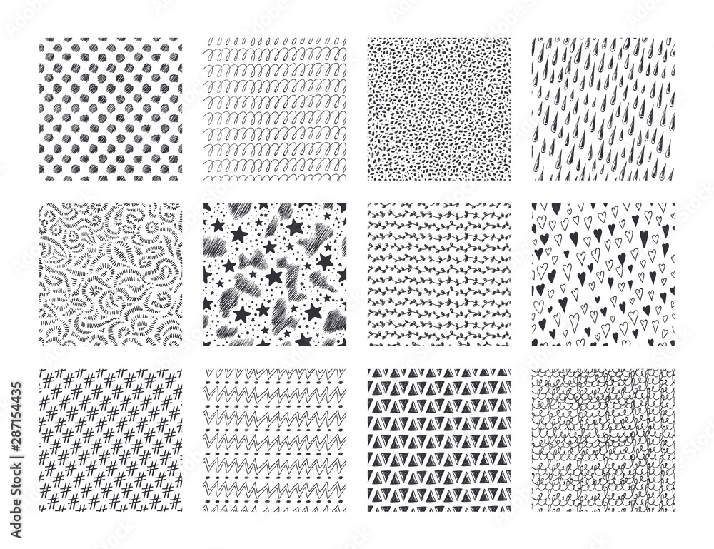 Poster hand drawn seamless textures. ink brush patterns with simple and grunge doodle elements, strokes dot