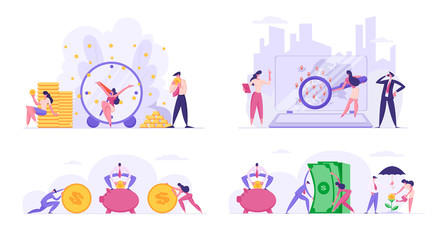 People Increasing Savings, Making Investments. Male and Female Business Characters Growing Wealth Profit, Save Money in Piggi Bank, Magnifying Partners Worldwide. Cartoon Flat Vector Illustration