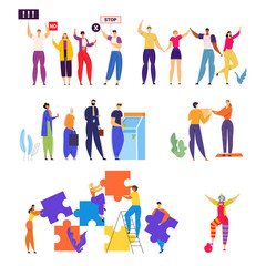 Set of Men and Women Take Part in Demonstration with Banners in Hands, Using ATM Machine in Bank, Giving Presents. Teamwork Business People Set Up Puzzle, Clown Actor. Cartoon Flat Vector Illustration