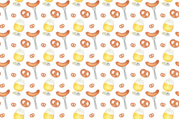 Seamless pattern with beer, pretzel, sausage, glass for oktoberfest. Hand drawn watercolour painting on white background clip art graphic elements for creative design and printable decor.