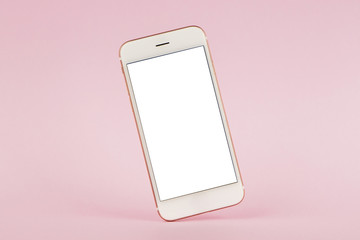 Mobile phone mock up on pink pastel background, technology and busiess concept