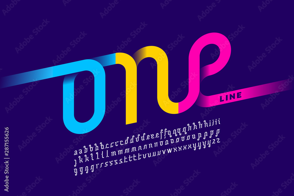 Poster one line style font design, single continuous line alphabet