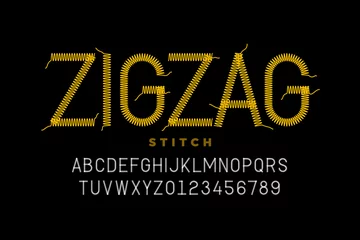 Fotobehang Zigzag stitch style font design, embroidery alphabet, letters and numbers © piai