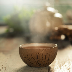 Tea composition on wooden table, close up