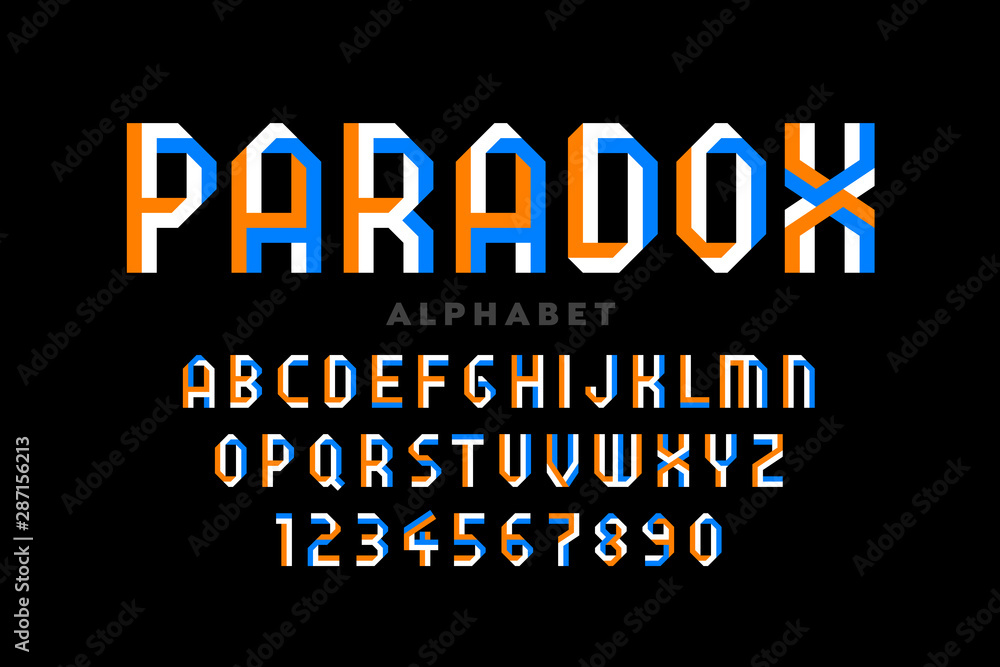 Poster impossible shape style font design, alphabet letters and numbers