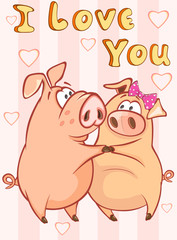 Obraz premium Happy Birthday Card Little Pig with Gift Pie. Vector Greeting Card. Happy Moment. Congratulation