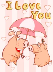 Foto op Plexiglas Happy Birthday Card Little Pig with Gift Pie. Vector Greeting Card. Happy Moment. Congratulation © liusa