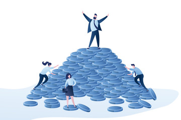Heap of coins and businessman winner on top ,success or profit concept background,