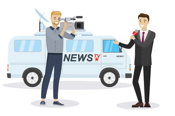 Handsome caucasian male reporter with microphone and cameraman,news van on background,
