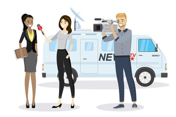 Beautiful female reporter with microphone interviews african american businesswoman and male operator shoots video